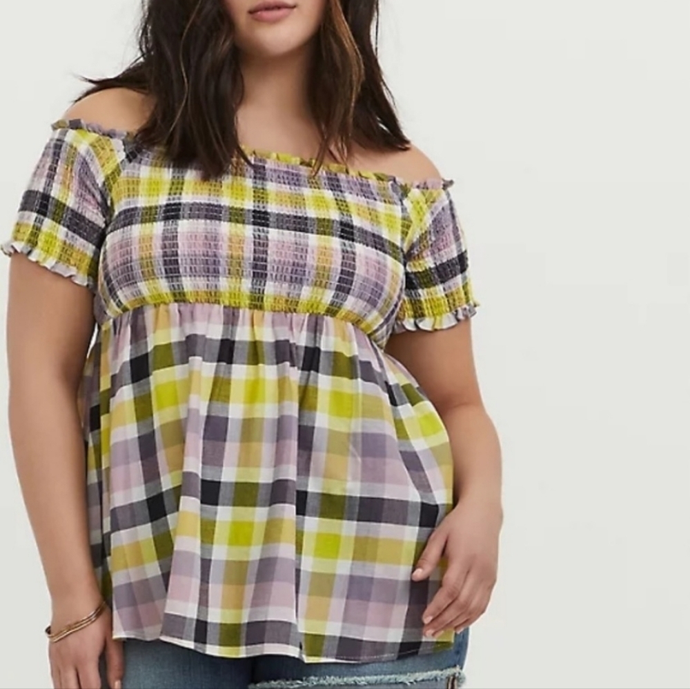 Torrid Plaid Smocked Off the Shoulder Top